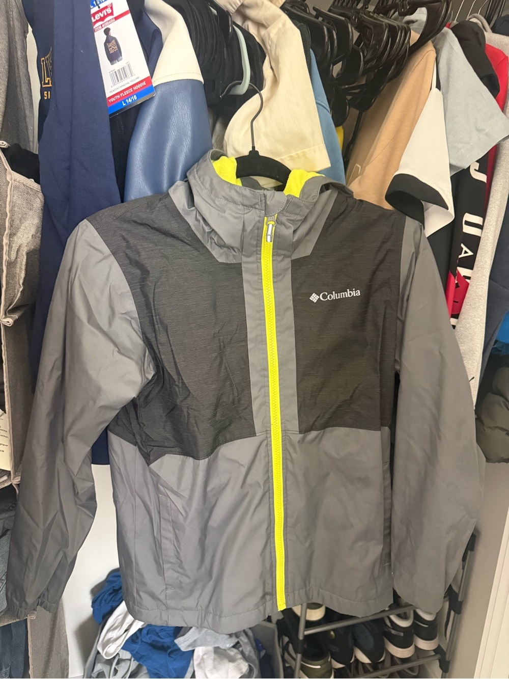 Columbia Kids Gray and Neon Yellow Rain Jacket